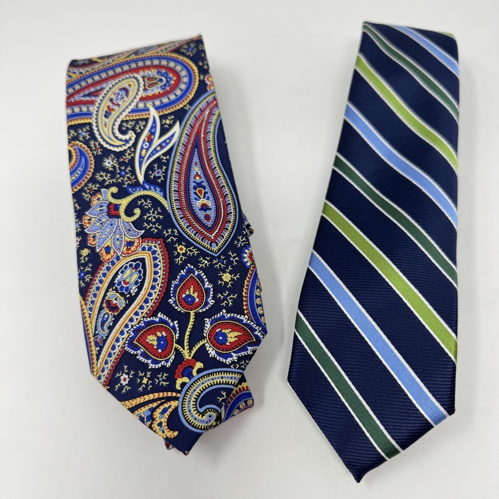 Chaps Neckties Mens Navy Paisley Silk + Navy Green Stripe Polyester Lot of 2β